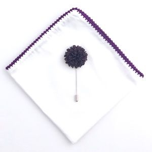 White w/ Purple Crocheted Pocket Square & Lapel Flower Set